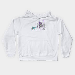 Mom and Baby Elephant Watercolor Painting Lilac Blue Kids Hoodie